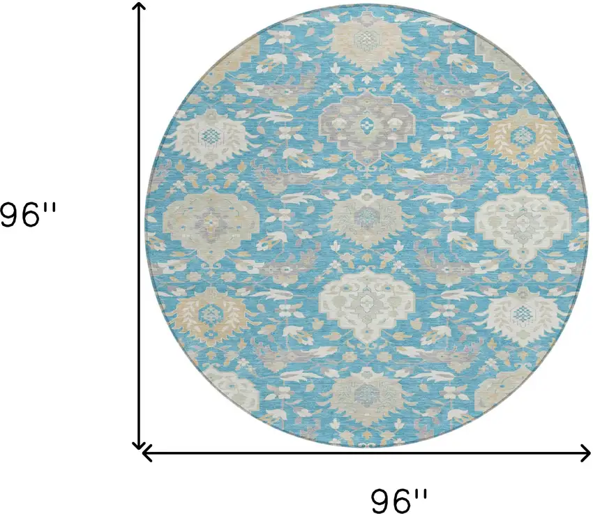 8' Teal Blue Gray And Ivory Round Damask Washable Indoor Outdoor Area Rug Photo 3