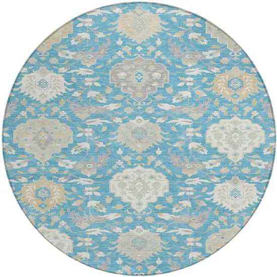 8' Teal Blue Gray And Ivory Round Damask Washable Indoor Outdoor Area Rug Photo 2