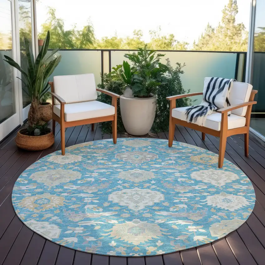 8' Teal Blue Gray And Ivory Round Damask Washable Indoor Outdoor Area Rug Photo 7