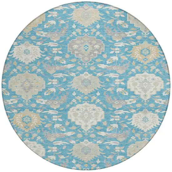 8' Teal Blue Gray And Ivory Round Damask Washable Indoor Outdoor Area Rug Photo 6