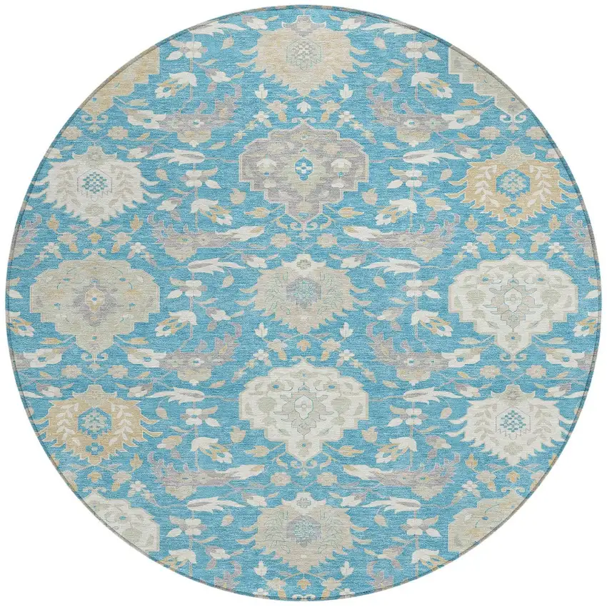 8' Teal Blue Gray And Ivory Round Damask Washable Indoor Outdoor Area Rug Photo 6