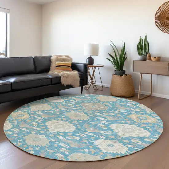 8' Teal Blue Gray And Ivory Round Damask Washable Indoor Outdoor Area Rug Photo 8