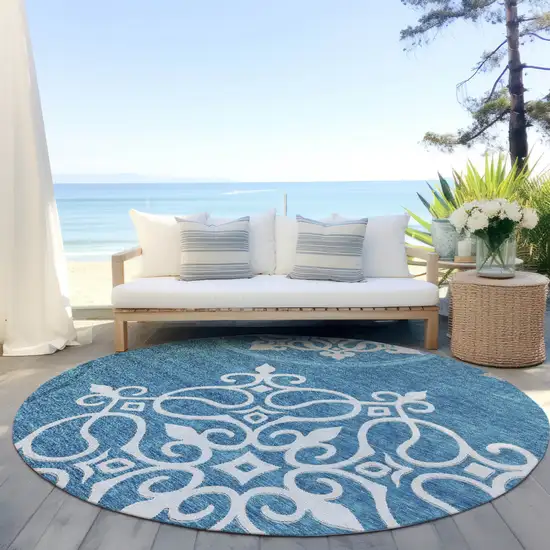 8' Teal Blue Gray And Ivory Round Floral Medallion Washable Indoor Outdoor Area Rug Photo 6