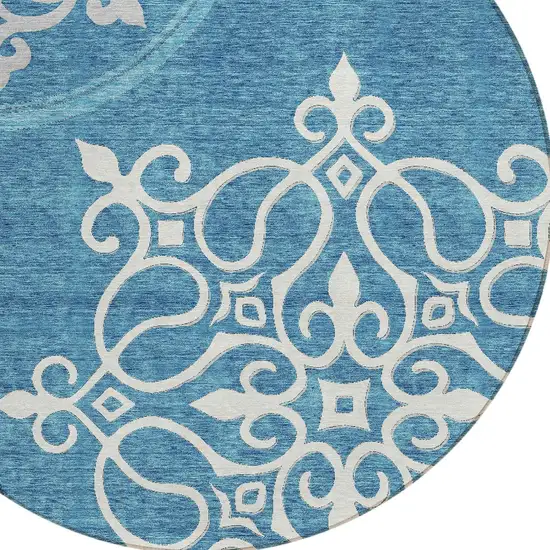 8' Teal Blue Gray And Ivory Round Floral Medallion Washable Indoor Outdoor Area Rug Photo 4