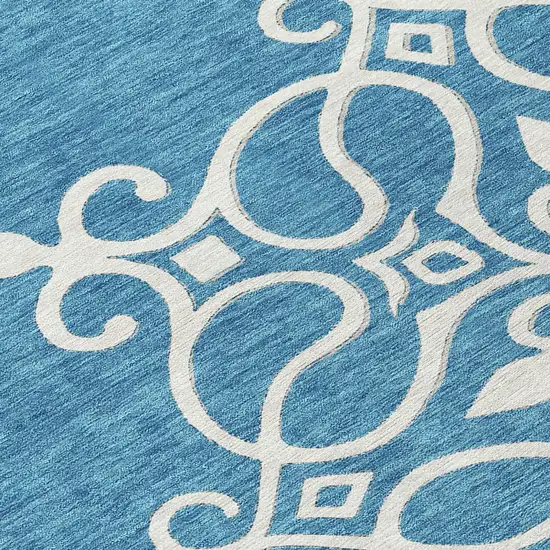 8' Teal Blue Gray And Ivory Round Floral Medallion Washable Indoor Outdoor Area Rug Photo 8