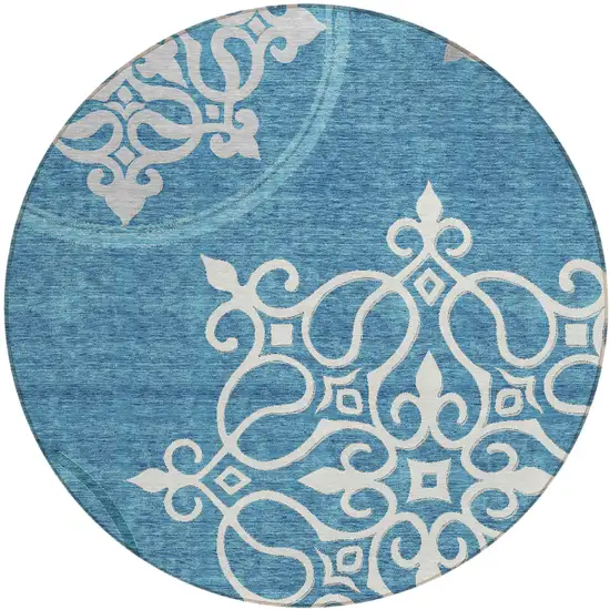 8' Teal Blue Gray And Ivory Round Floral Medallion Washable Indoor Outdoor Area Rug Photo 2