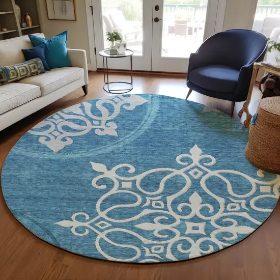 8' Teal Blue Gray And Ivory Round Floral Medallion Washable Indoor Outdoor Area Rug Photo 7
