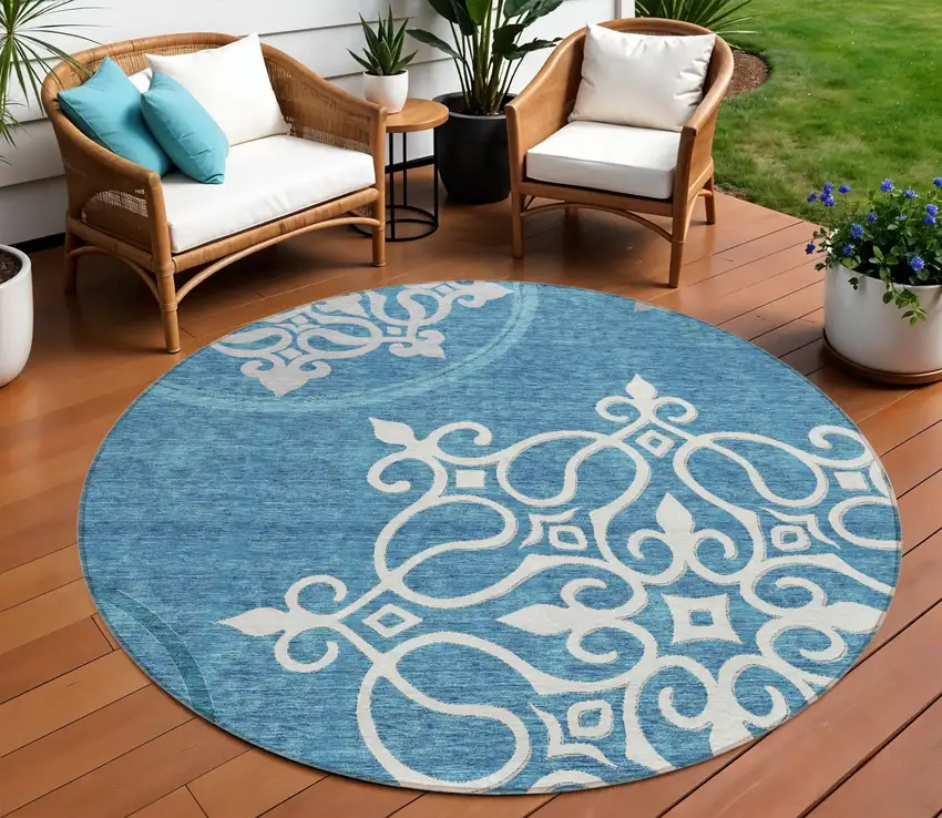 8' Teal Blue Gray And Ivory Round Floral Medallion Washable Indoor Outdoor Area Rug Photo 1