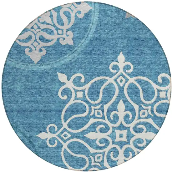 8' Teal Blue Gray And Ivory Round Floral Medallion Washable Indoor Outdoor Area Rug Photo 5