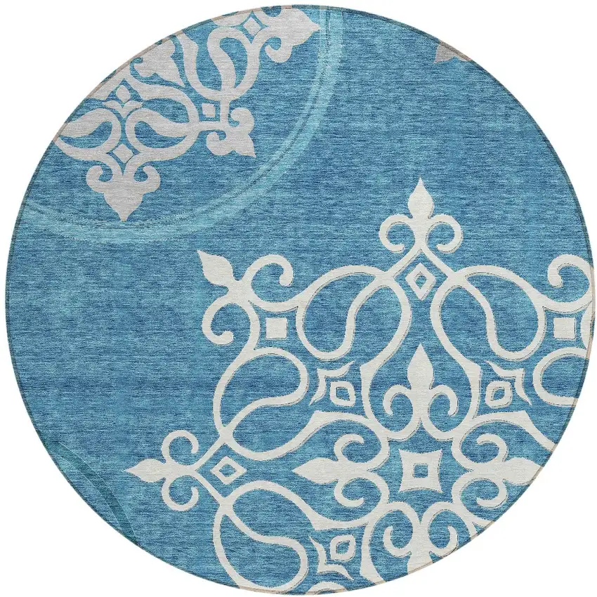 8' Teal Blue Gray And Ivory Round Floral Medallion Washable Indoor Outdoor Area Rug Photo 5