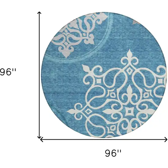 8' Teal Blue Gray And Ivory Round Floral Medallion Washable Indoor Outdoor Area Rug Photo 3