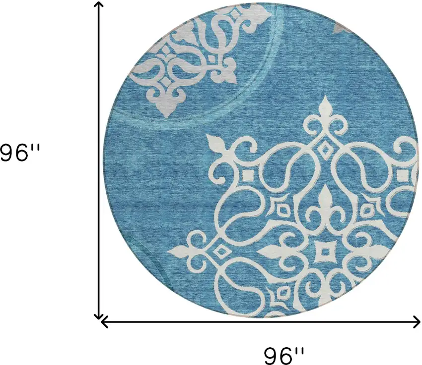 8' Teal Blue Gray And Ivory Round Floral Medallion Washable Indoor Outdoor Area Rug Photo 3