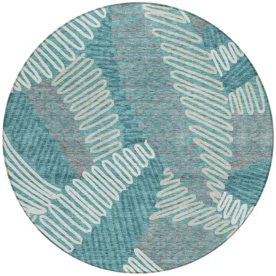 8' Teal Blue Gray And Ivory Round Floral Washable Indoor Outdoor Area Rug Photo 6