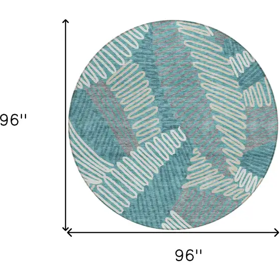 8' Teal Blue Gray And Ivory Round Floral Washable Indoor Outdoor Area Rug Photo 3