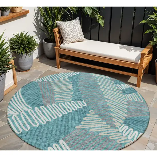 8' Teal Blue Gray And Ivory Round Floral Washable Indoor Outdoor Area Rug Photo 1