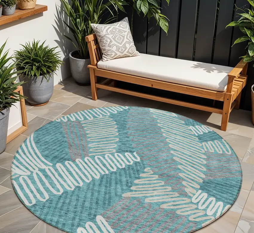 8' Teal Blue Gray And Ivory Round Floral Washable Indoor Outdoor Area Rug Photo 1