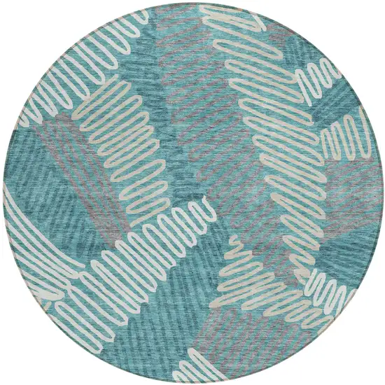 8' Teal Blue Gray And Ivory Round Floral Washable Indoor Outdoor Area Rug Photo 2