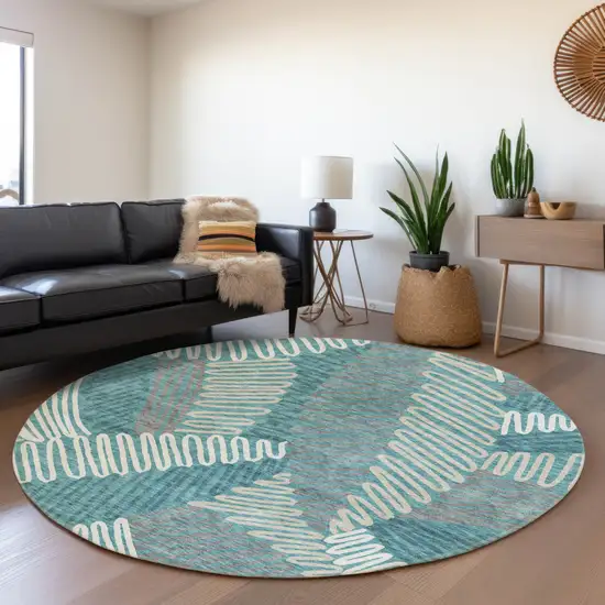 8' Teal Blue Gray And Ivory Round Floral Washable Indoor Outdoor Area Rug Photo 7