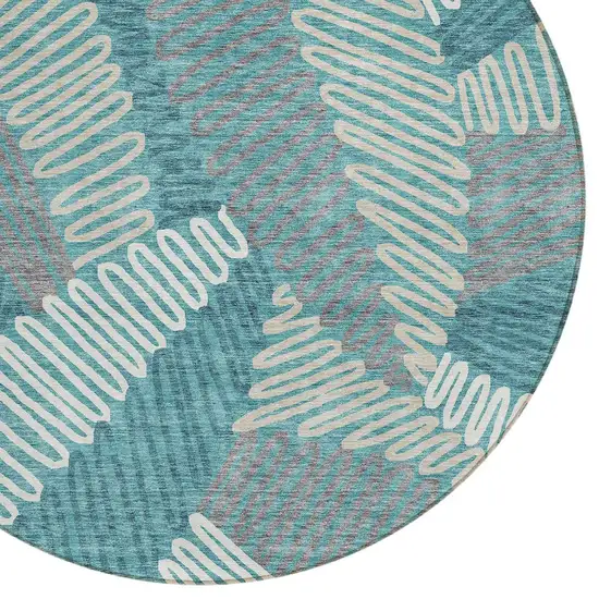 8' Teal Blue Gray And Ivory Round Floral Washable Indoor Outdoor Area Rug Photo 5