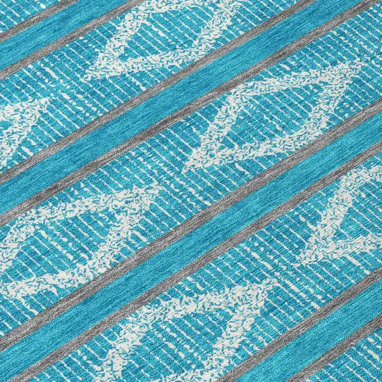 8' Teal Blue Gray And Ivory Round Geometric Washable Indoor Outdoor Area Rug Photo 4
