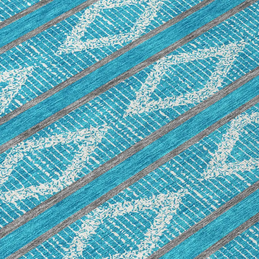 8' Teal Blue Gray And Ivory Round Geometric Washable Indoor Outdoor Area Rug Photo 4