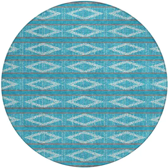 8' Teal Blue Gray And Ivory Round Geometric Washable Indoor Outdoor Area Rug Photo 2