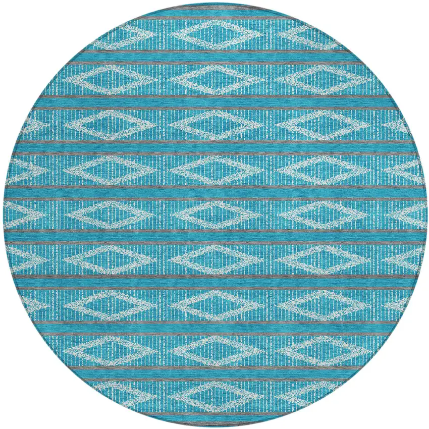 8' Teal Blue Gray And Ivory Round Geometric Washable Indoor Outdoor Area Rug Photo 2