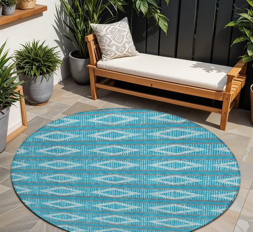 8' Teal Blue Gray And Ivory Round Geometric Washable Indoor Outdoor Area Rug Photo 1