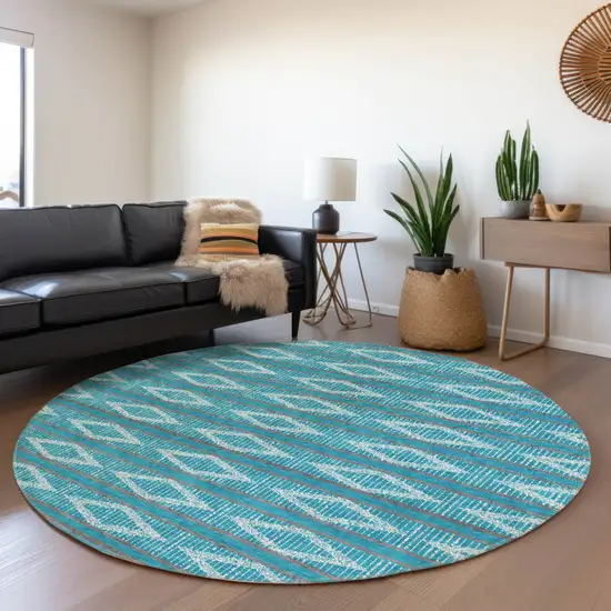 8' Teal Blue Gray And Ivory Round Geometric Washable Indoor Outdoor Area Rug Photo 8