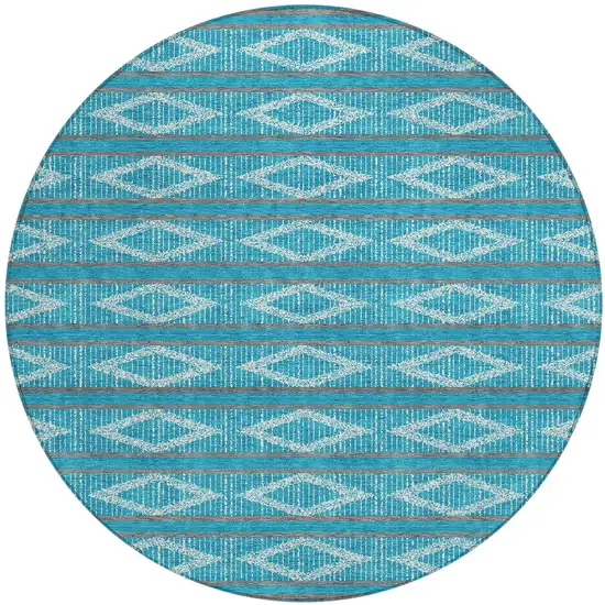 8' Teal Blue Gray And Ivory Round Geometric Washable Indoor Outdoor Area Rug Photo 5