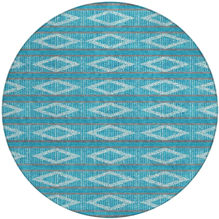8' Teal Blue Gray And Ivory Round Geometric Washable Indoor Outdoor Area Rug Photo 5