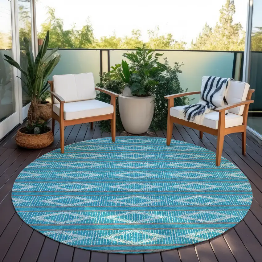 8' Teal Blue Gray And Ivory Round Geometric Washable Indoor Outdoor Area Rug Photo 7