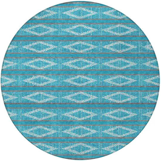 8' Teal Blue Gray And Ivory Round Geometric Washable Indoor Outdoor Area Rug Photo 6