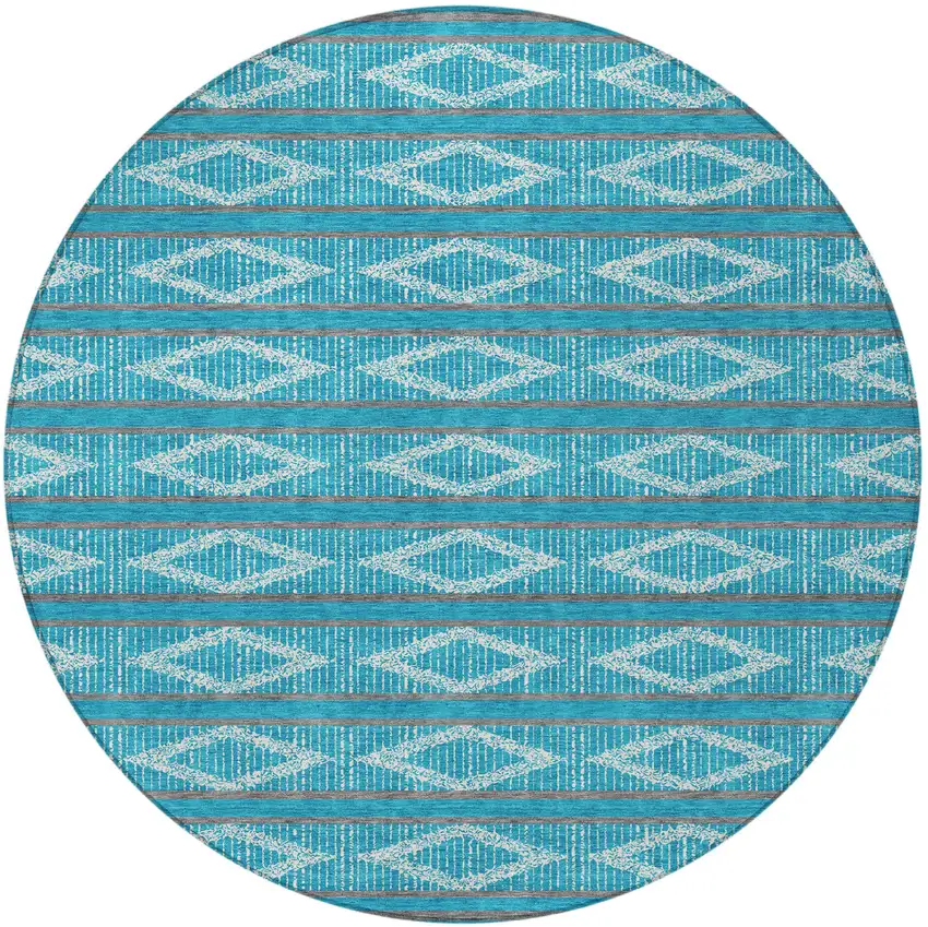 8' Teal Blue Gray And Ivory Round Geometric Washable Indoor Outdoor Area Rug Photo 6