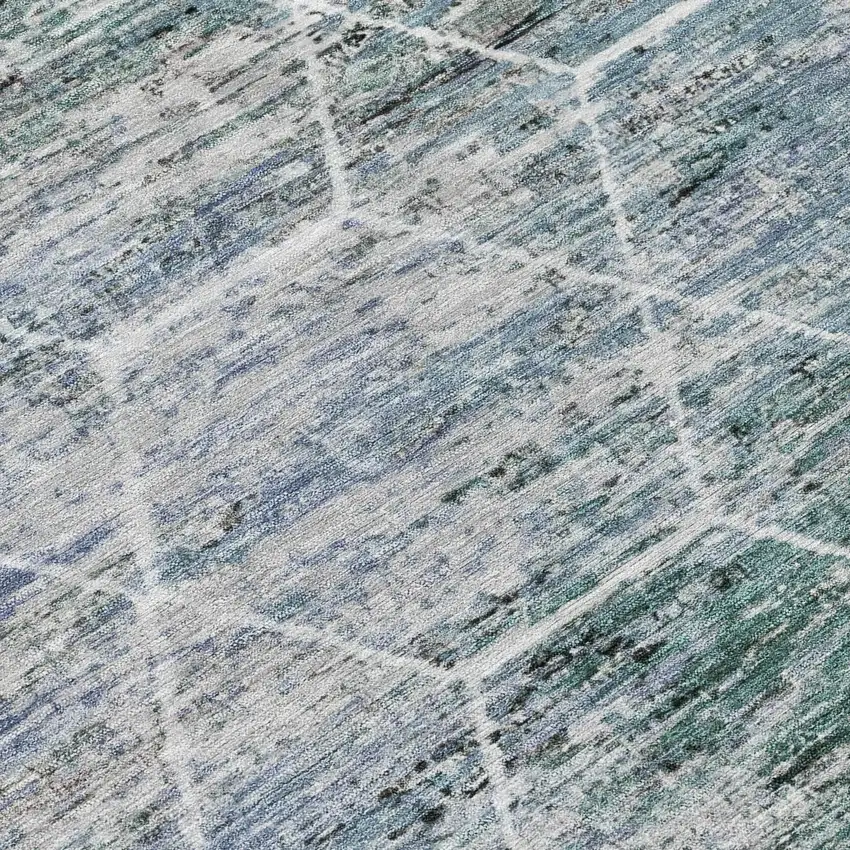 8' Teal Blue Gray And Ivory Round Geometric Washable Indoor Outdoor Area Rug Photo 9