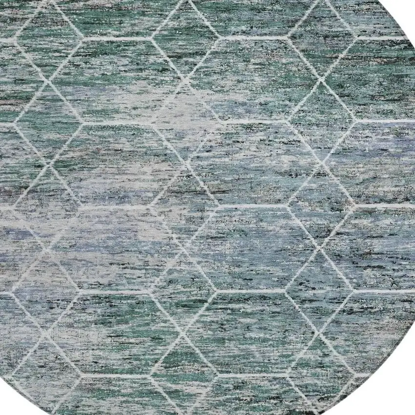 8' Teal Blue Gray And Ivory Round Geometric Washable Indoor Outdoor Area Rug Photo 4