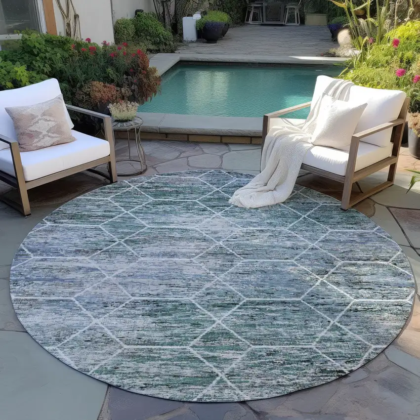 8' Teal Blue Gray And Ivory Round Geometric Washable Indoor Outdoor Area Rug Photo 5