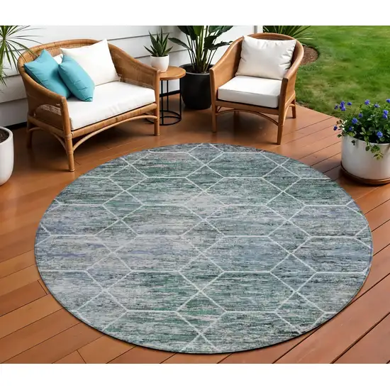 8' Teal Blue Gray And Ivory Round Geometric Washable Indoor Outdoor Area Rug Photo 2