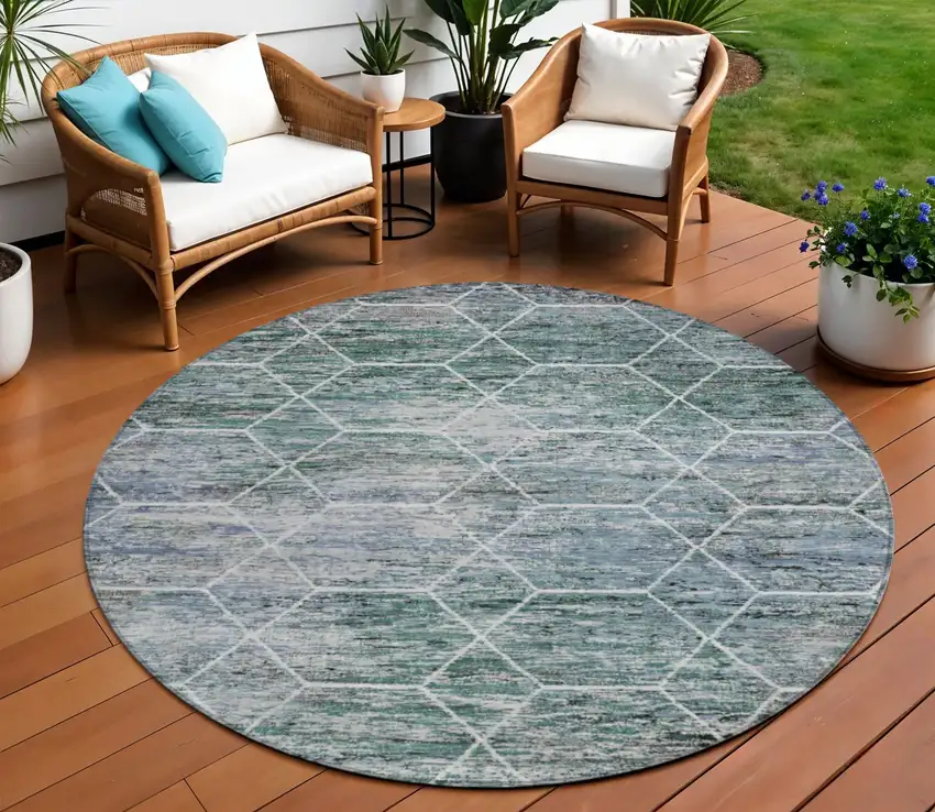 8' Teal Blue Gray And Ivory Round Geometric Washable Indoor Outdoor Area Rug Photo 2
