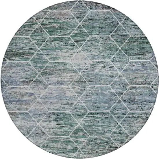 8' Teal Blue Gray And Ivory Round Geometric Washable Indoor Outdoor Area Rug Photo 1