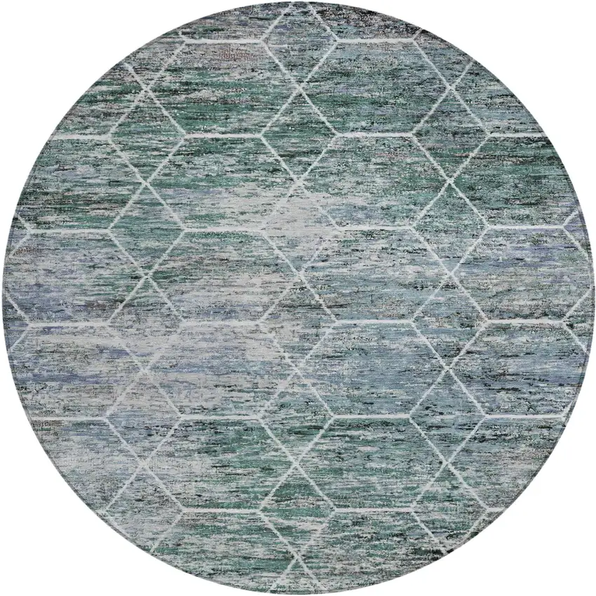 8' Teal Blue Gray And Ivory Round Geometric Washable Indoor Outdoor Area Rug Photo 1