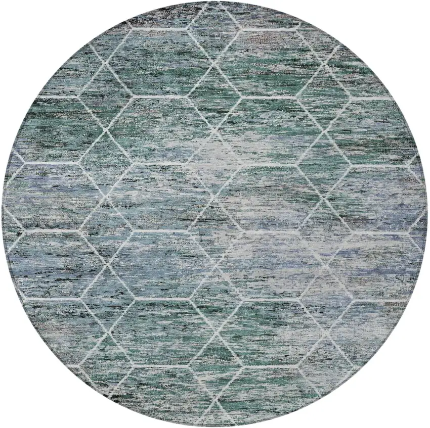8' Teal Blue Gray And Ivory Round Geometric Washable Indoor Outdoor Area Rug Photo 3
