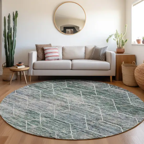 8' Teal Blue Gray And Ivory Round Geometric Washable Indoor Outdoor Area Rug Photo 6