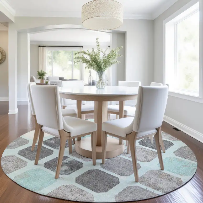 8' Teal Blue Gray And Ivory Round Geometric Washable Indoor Outdoor Area Rug Photo 6