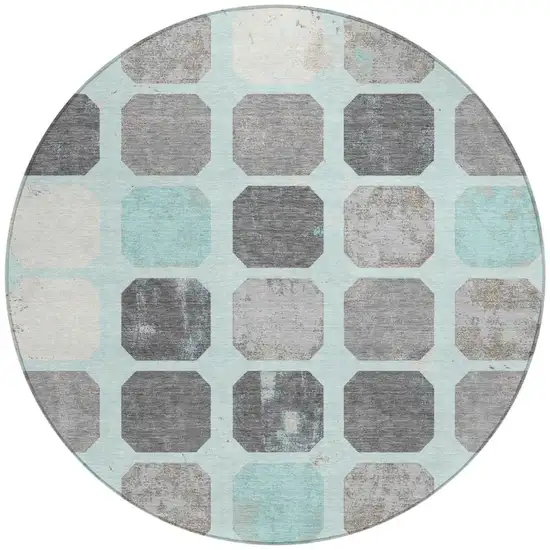 8' Teal Blue Gray And Ivory Round Geometric Washable Indoor Outdoor Area Rug Photo 3
