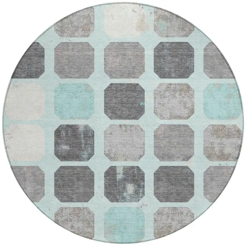 8' Teal Blue Gray And Ivory Round Geometric Washable Indoor Outdoor Area Rug Photo 3