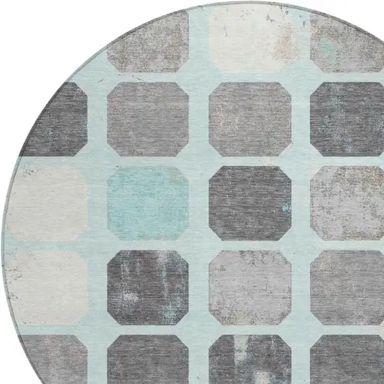 8' Teal Blue Gray And Ivory Round Geometric Washable Indoor Outdoor Area Rug Photo 4