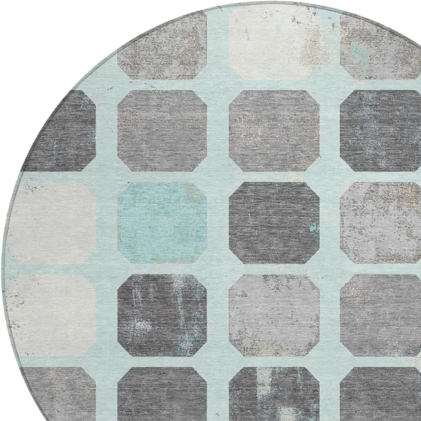 8' Teal Blue Gray And Ivory Round Geometric Washable Indoor Outdoor Area Rug Photo 4