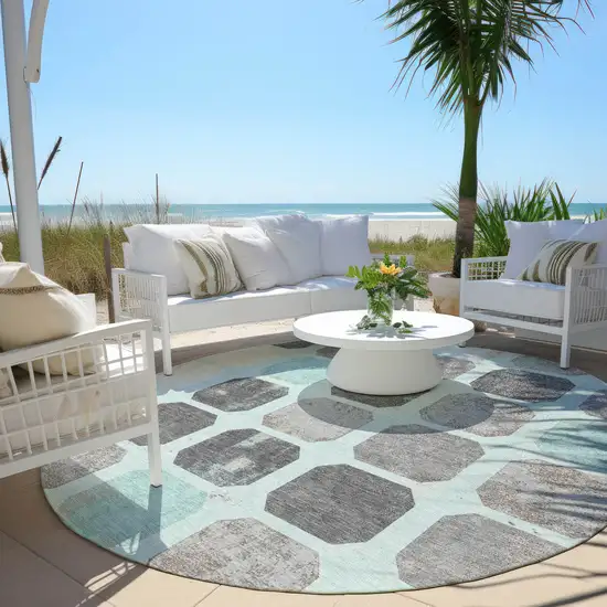 8' Teal Blue Gray And Ivory Round Geometric Washable Indoor Outdoor Area Rug Photo 5