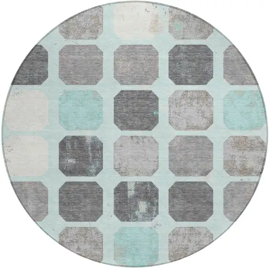 8' Teal Blue Gray And Ivory Round Geometric Washable Indoor Outdoor Area Rug Photo 1